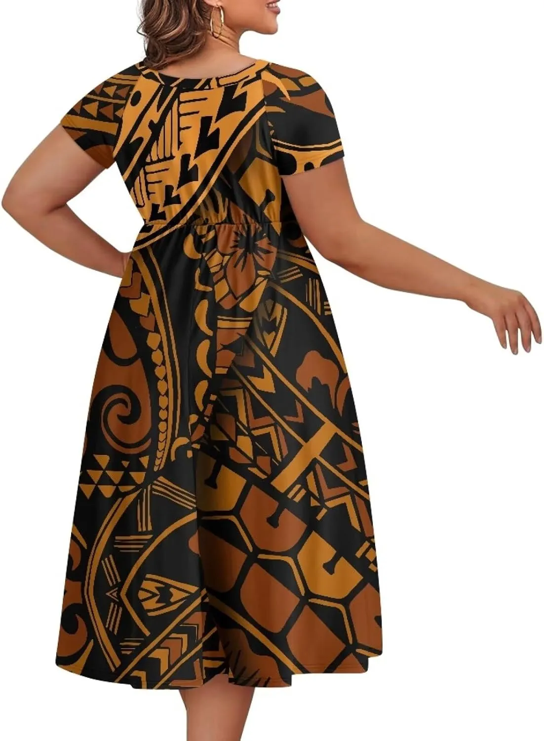 Women Summer Casual Boho Floral Puletasi Samoan Traditional Round Neck Short Sleeve Flowy Swing Midi Dress