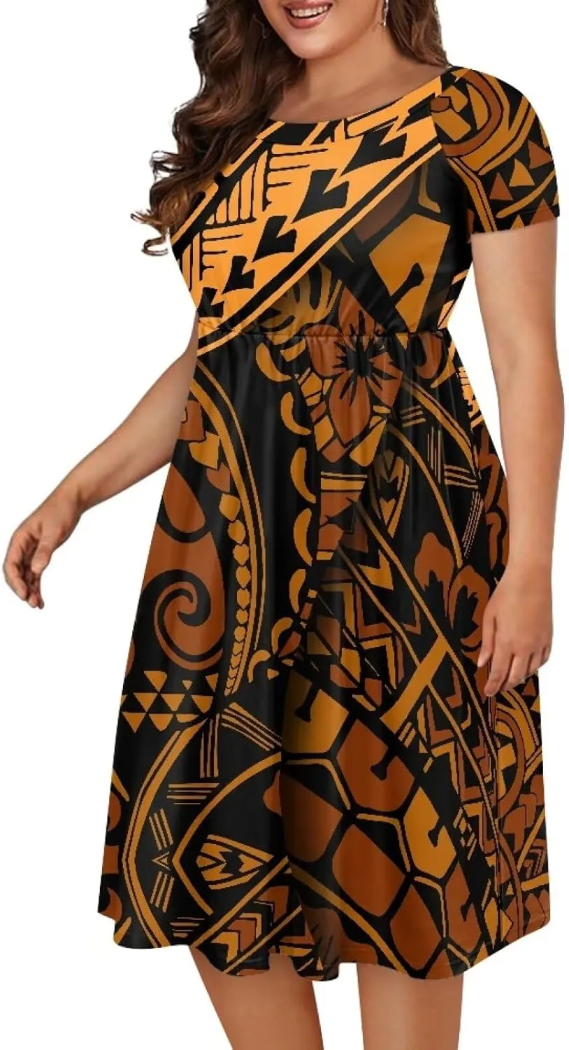 Women Summer Casual Boho Floral Puletasi Samoan Traditional Round Neck Short Sleeve Flowy Swing Midi Dress