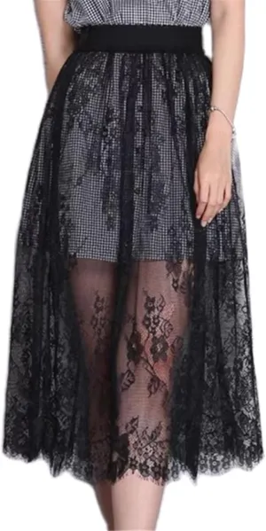 Women Y2k See Through Floral Sheer Lace Maxi Skirt Fairy A Line Flowy Cover Up Slip Skirt Sexy High Waist Streetwear