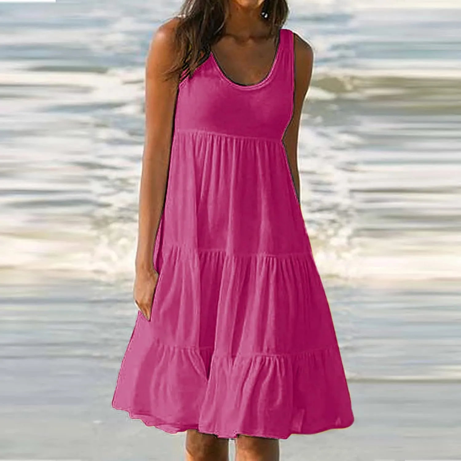 Women's 2024 Summer Sleeveless Dresses Fashion Solid Color Round Neck Sundress Holiday Party Flowy Beach Dress