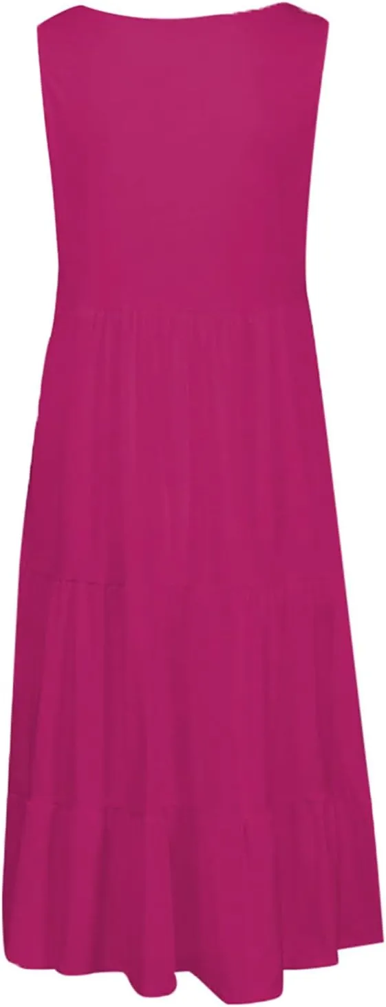 Women's 2024 Summer Sleeveless Dresses Fashion Solid Color Round Neck Sundress Holiday Party Flowy Beach Dress