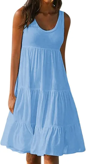 Women's 2024 Summer Sleeveless Dresses Fashion Solid Color Round Neck Sundress Holiday Party Flowy Beach Dress