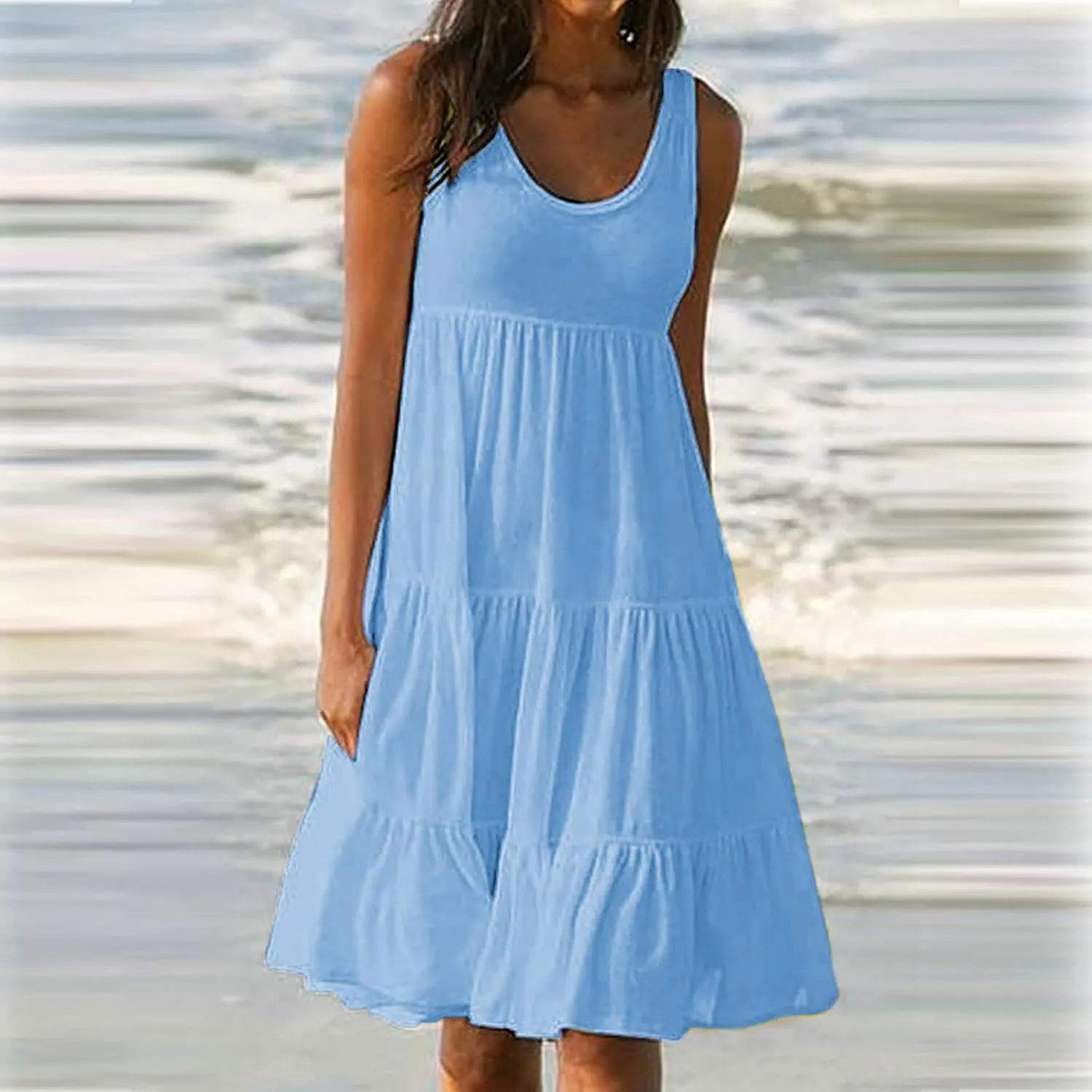 Women's 2024 Summer Sleeveless Dresses Fashion Solid Color Round Neck Sundress Holiday Party Flowy Beach Dress