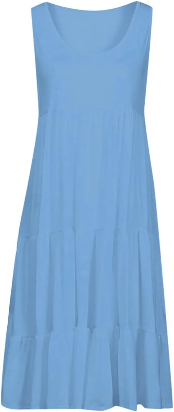 Women's 2024 Summer Sleeveless Dresses Fashion Solid Color Round Neck Sundress Holiday Party Flowy Beach Dress