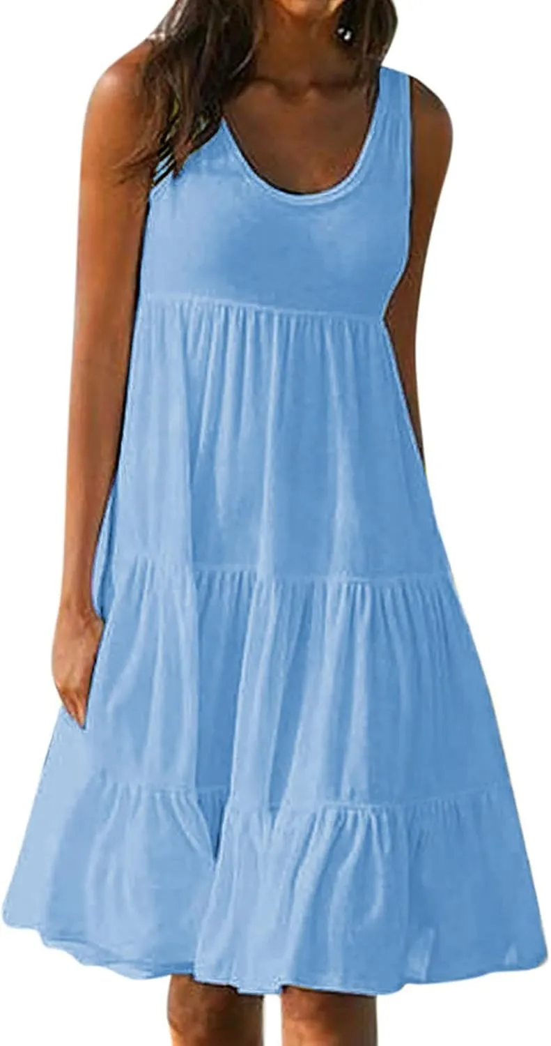 Women's 2024 Summer Sleeveless Dresses Fashion Solid Color Round Neck Sundress Holiday Party Flowy Beach Dress