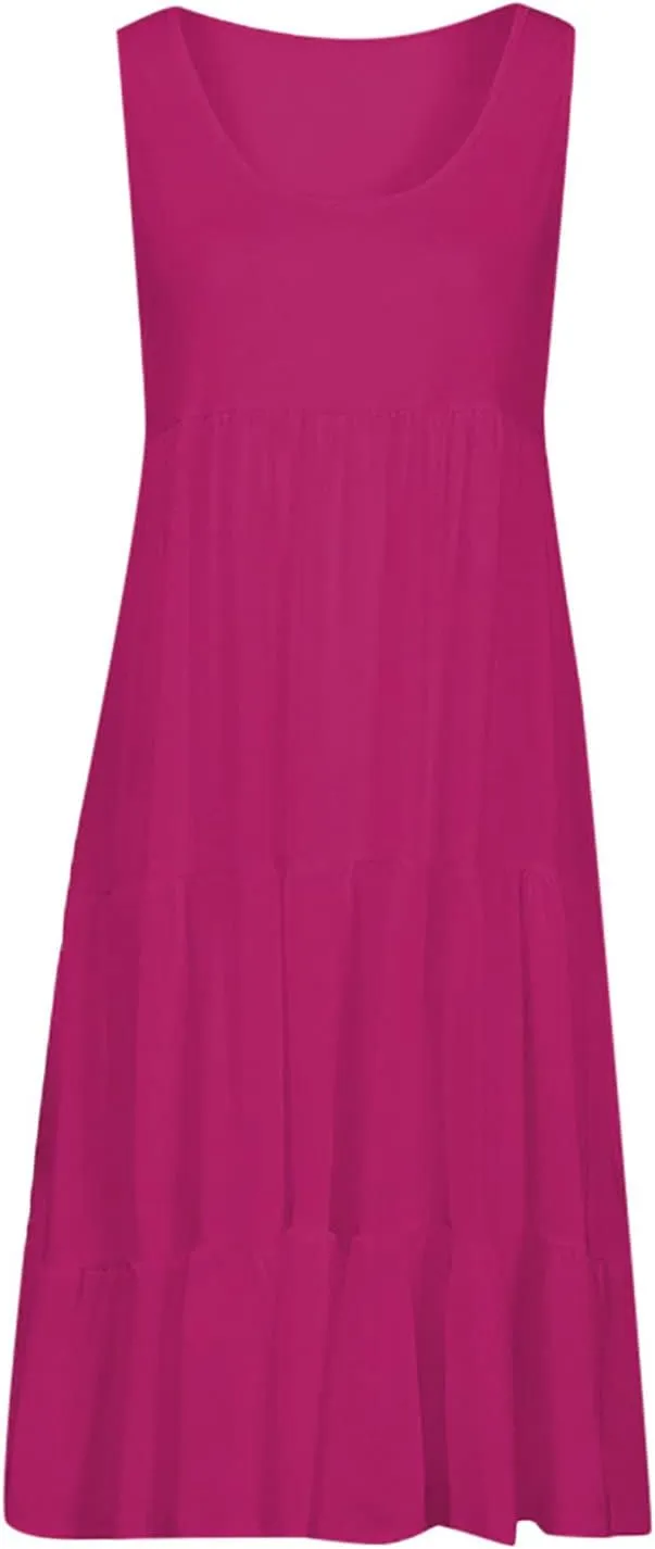 Women's 2024 Summer Sleeveless Dresses Fashion Solid Color Round Neck Sundress Holiday Party Flowy Beach Dress