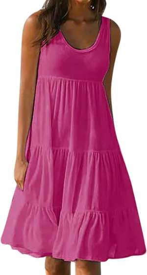 Women's 2024 Summer Sleeveless Dresses Fashion Solid Color Round Neck Sundress Holiday Party Flowy Beach Dress