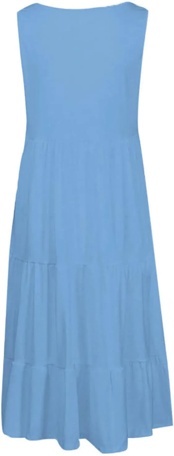 Women's 2024 Summer Sleeveless Dresses Fashion Solid Color Round Neck Sundress Holiday Party Flowy Beach Dress