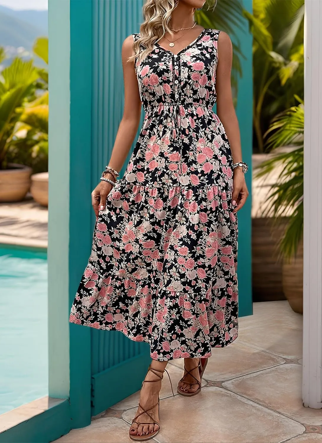 Women's 2025 Boho Sundresses Casual Summer Tank Dress V Neck Sleeveless Flowy A-Line Buttoned Maxi Floral Beach Dresses