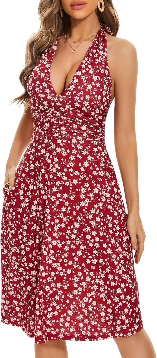 Women's 2025 Floral Halter Neck Mini Dress Summer Sleeveless Sundress with Elastic Waist Ruffle Hem Casual Beach Dresses