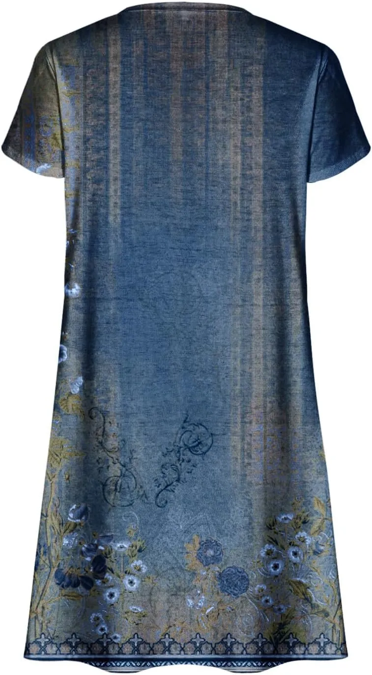 Women's 2025 Summer Casual Floral Boho Dress Flowing Ruffle T Shirt Dress Flowy a-Line Summer Outing V Midi Dresses
