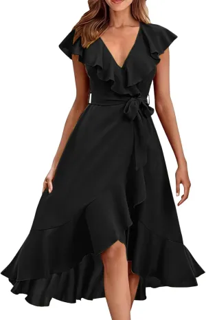 Women's 2025 Summer Wrap Midi Dress Casual Boho Deep V Neck Short Sleeve Ruffle Hem Split Beach Long Dresses
