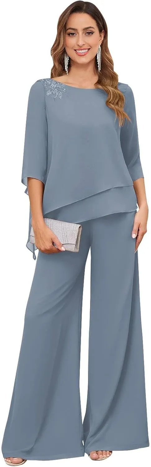 Women's 2PC Mother of The Bride Pants Suits for Wedding Lace Appliqued Chiffon Formal Outfit