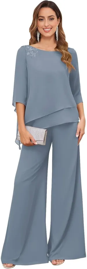 Women's 2PC Mother of The Bride Pants Suits for Wedding Lace Appliqued Chiffon Formal Outfit