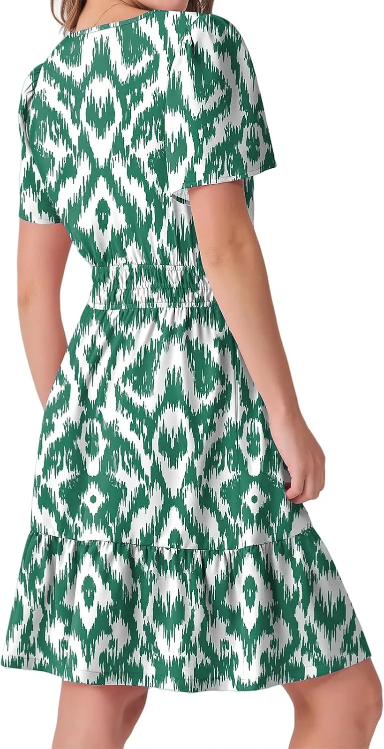 Womens Boho Short Summer Dresses Casual Beach Vacation Sun Dress V Neck Short Sleeve Floral A-Line High Waist Dresses