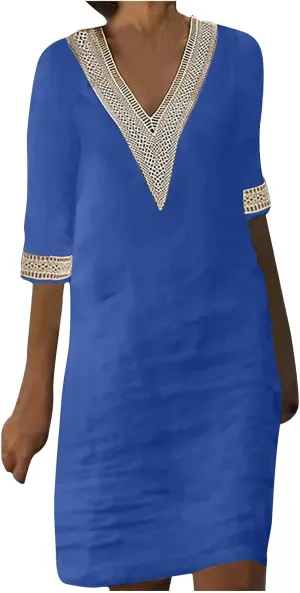 Women's Boho Tunic Dress V Neck 3/4 Sleeve Casual Loose Fit Summer Beach Dresses with Lace Trim Lightweight Sundress