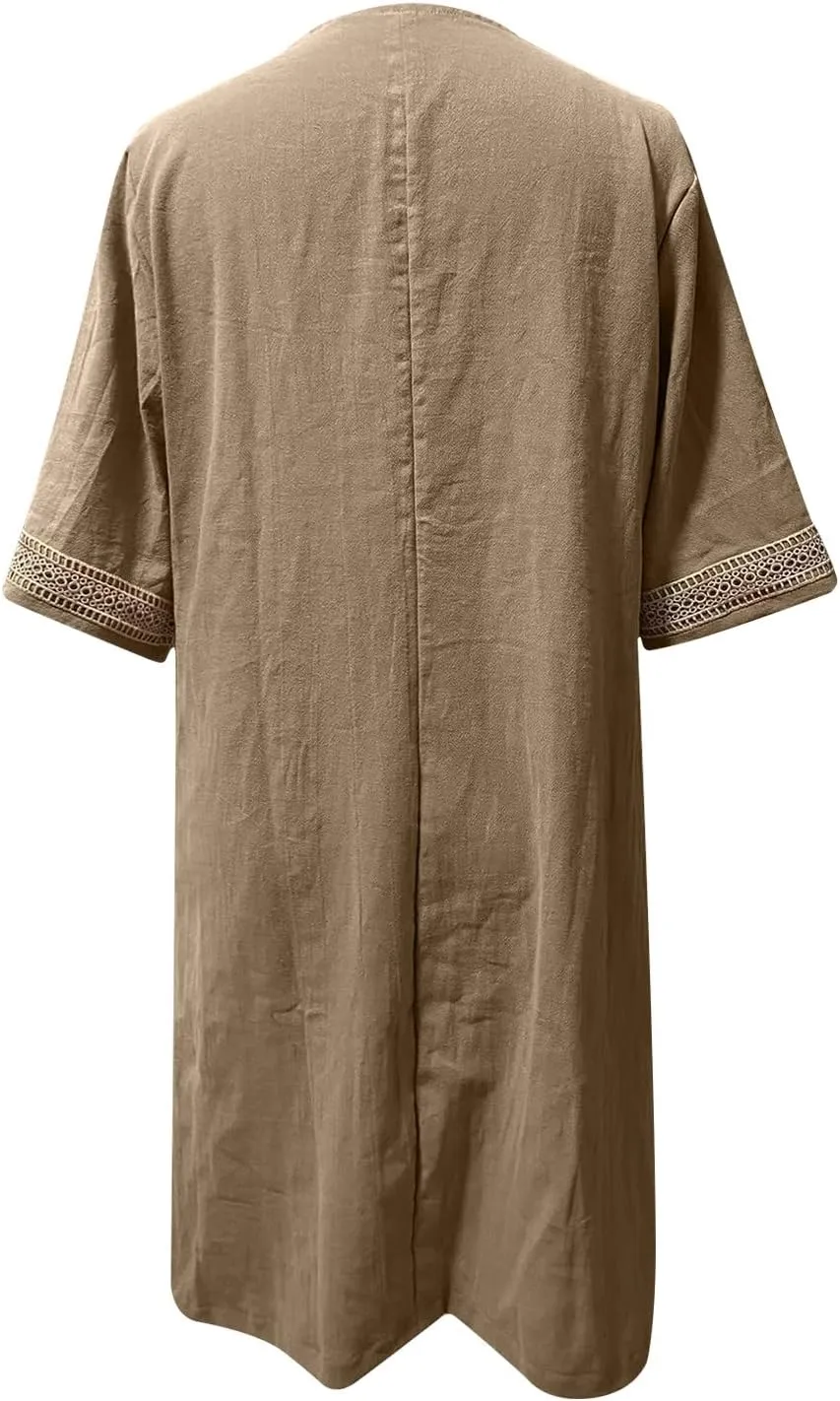 Women's Boho Tunic Dress V Neck 3/4 Sleeve Casual Loose Fit Summer Beach Dresses with Lace Trim Lightweight Sundress