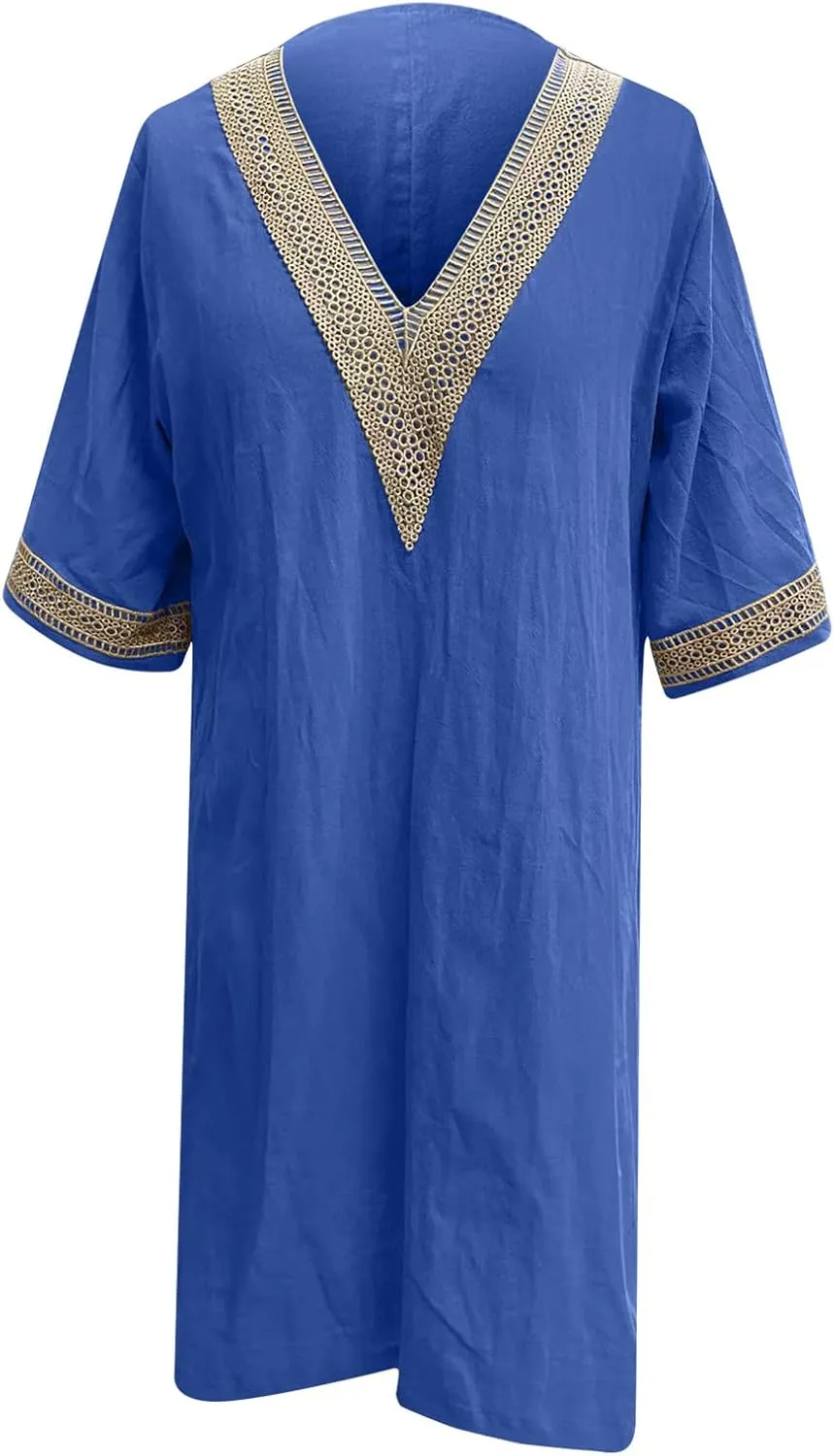 Women's Boho Tunic Dress V Neck 3/4 Sleeve Casual Loose Fit Summer Beach Dresses with Lace Trim Lightweight Sundress