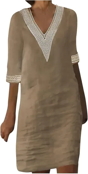 Women's Boho Tunic Dress V Neck 3/4 Sleeve Casual Loose Fit Summer Beach Dresses with Lace Trim Lightweight Sundress
