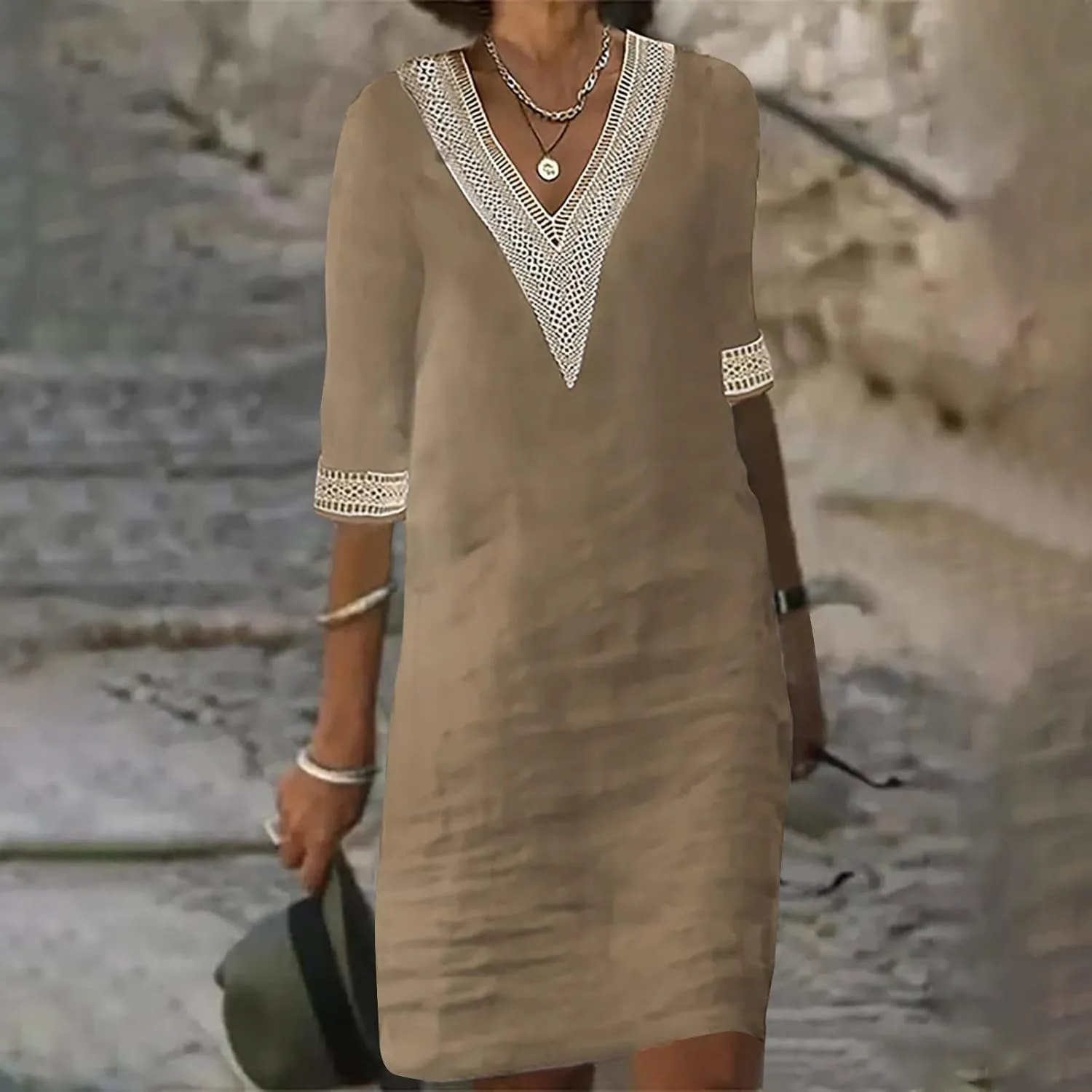 Women's Boho Tunic Dress V Neck 3/4 Sleeve Casual Loose Fit Summer Beach Dresses with Lace Trim Lightweight Sundress