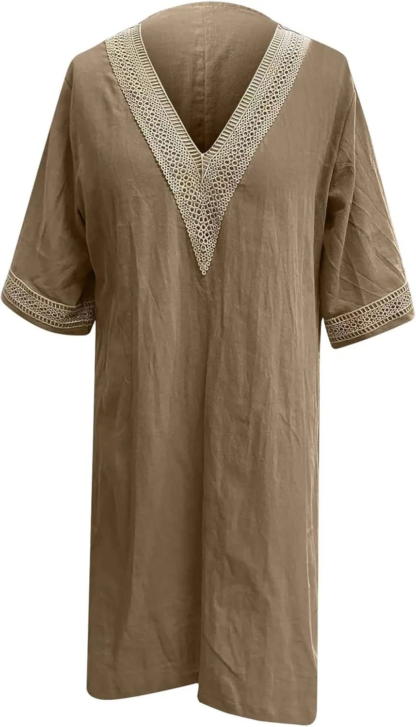 Women's Boho Tunic Dress V Neck 3/4 Sleeve Casual Loose Fit Summer Beach Dresses with Lace Trim Lightweight Sundress