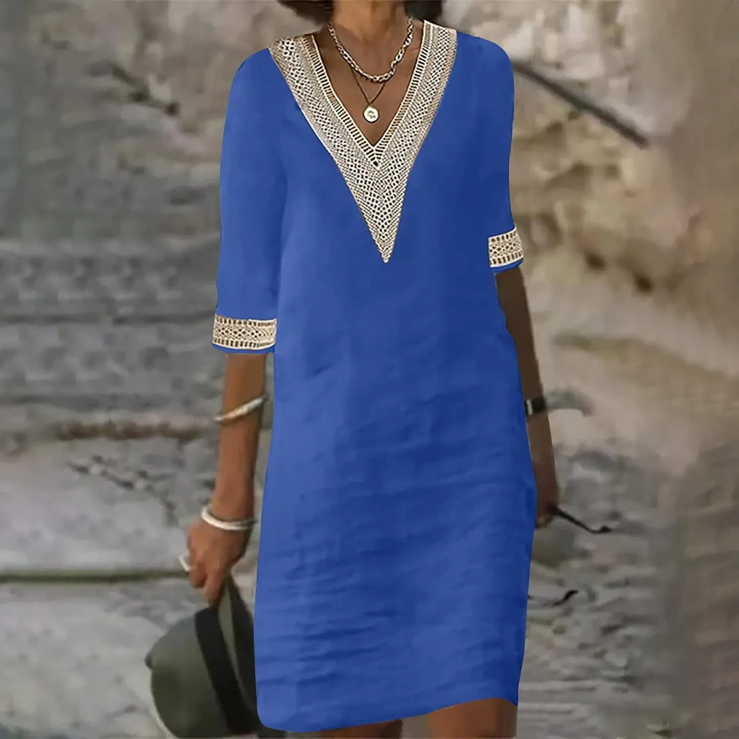 Women's Boho Tunic Dress V Neck 3/4 Sleeve Casual Loose Fit Summer Beach Dresses with Lace Trim Lightweight Sundress