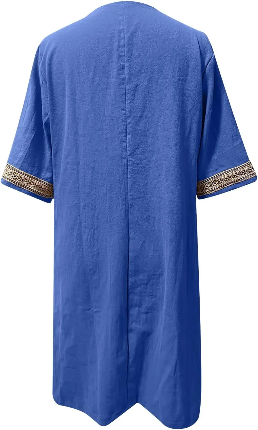 Women's Boho Tunic Dress V Neck 3/4 Sleeve Casual Loose Fit Summer Beach Dresses with Lace Trim Lightweight Sundress