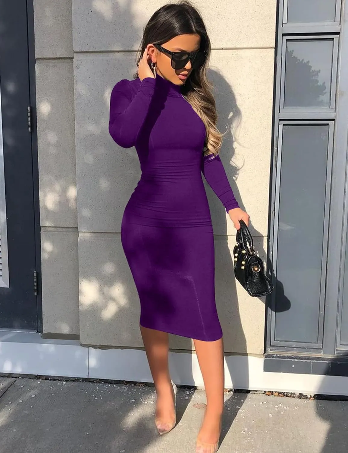 Women's Casual Long Sleeve Bodycon Sexy Turtleneck Midi Club Party Pencil Dresses