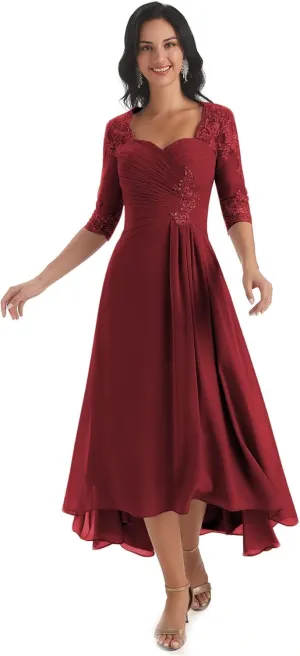 Women's Chiffon Mother of The Bride Dress LongLace Formal Evening Evening Gown with Sleeves