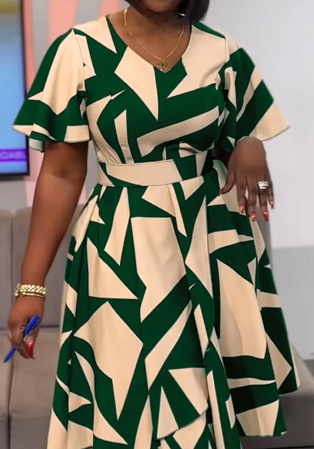 Women's Color Block V Neck Midi Dresses Short Sleeve Plus Size Print Wrap Flared Midi Dress Cocktail