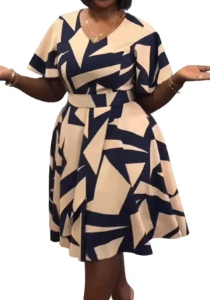 Women's Color Block V Neck Midi Dresses Short Sleeve Plus Size Print Wrap Flared Midi Dress Cocktail