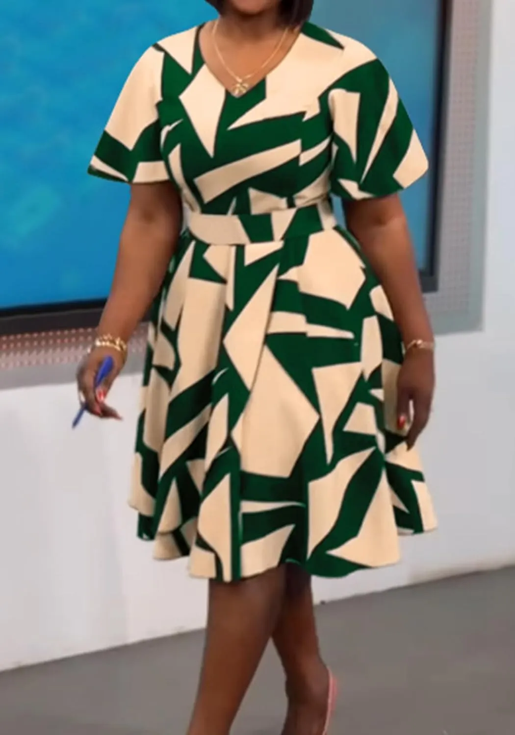 Women's Color Block V Neck Midi Dresses Short Sleeve Plus Size Print Wrap Flared Midi Dress Cocktail
