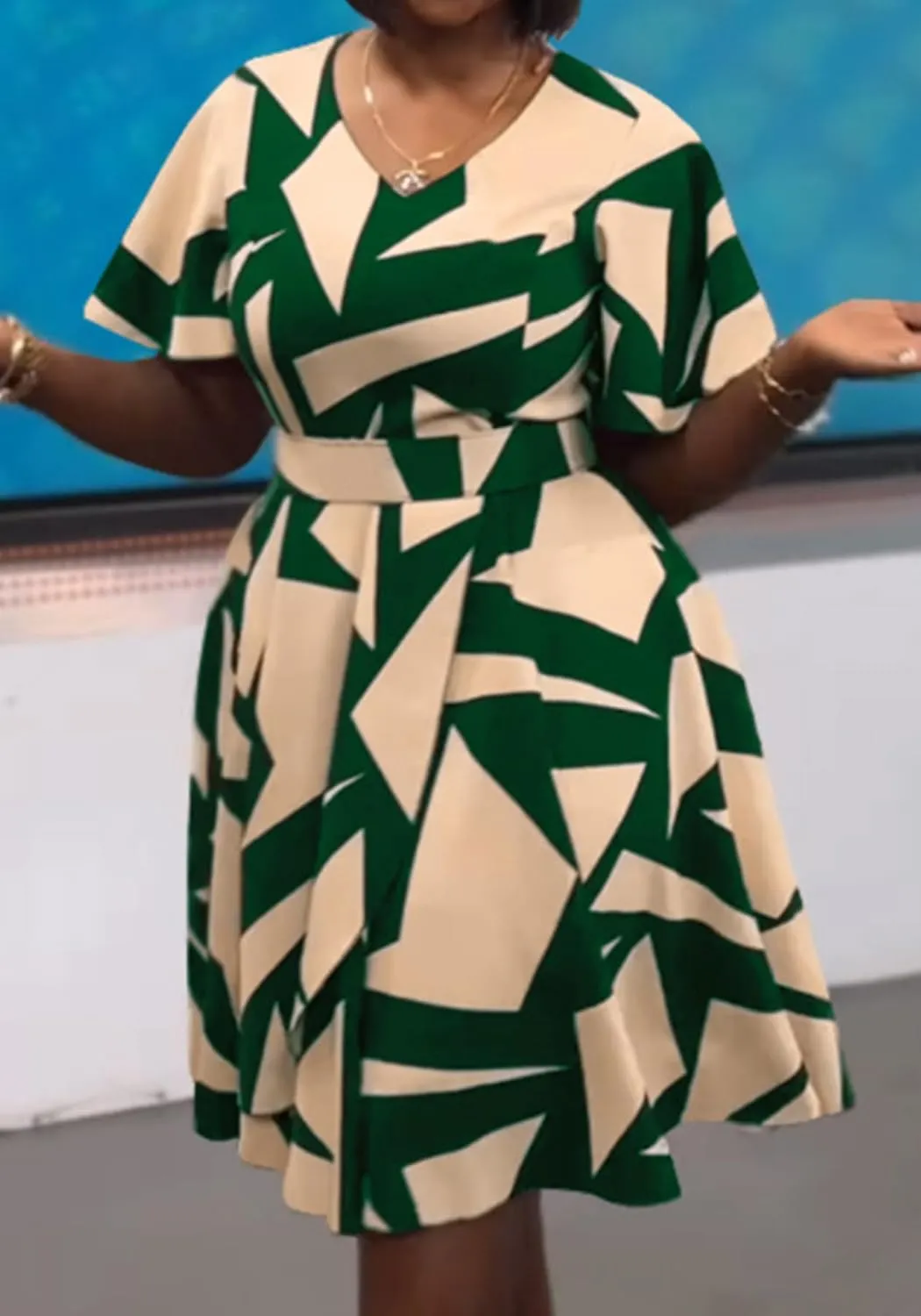 Women's Color Block V Neck Midi Dresses Short Sleeve Plus Size Print Wrap Flared Midi Dress Cocktail