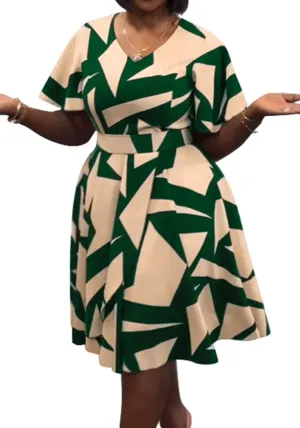 Women's Color Block V Neck Midi Dresses Short Sleeve Plus Size Print Wrap Flared Midi Dress Cocktail
