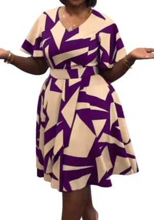 Women's Color Block V Neck Midi Dresses Short Sleeve Plus Size Print Wrap Flared Midi Dress Cocktail