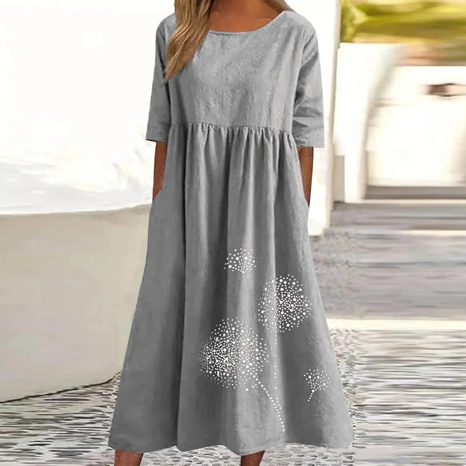 Women's Cotton Linen Ruched Tshirt Dress Dandelion Print Casual Plus Size Midi Dresses Beach Flowy Dress with Pocket