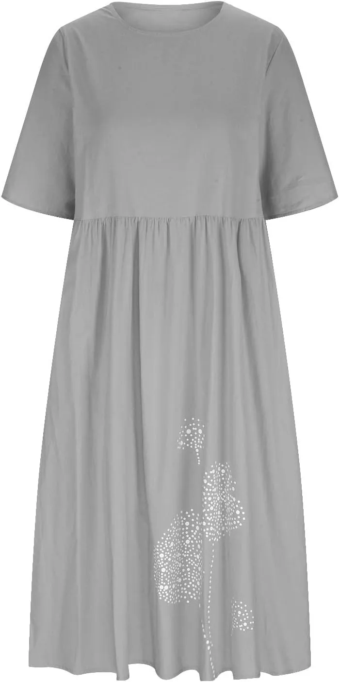 Women's Cotton Linen Ruched Tshirt Dress Dandelion Print Casual Plus Size Midi Dresses Beach Flowy Dress with Pocket