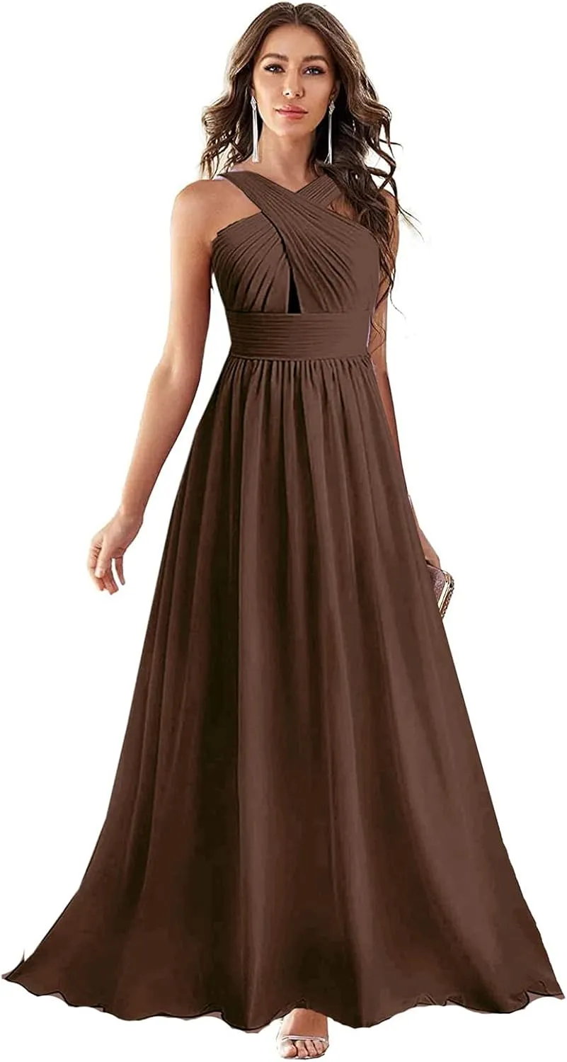 Women's Crisscross Bridesmaid Dresses Long A-line Chiffon Formal Wedding Evening Dress