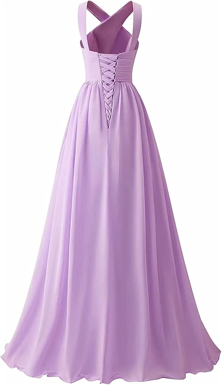 Women's Crisscross Bridesmaid Dresses Long A-line Chiffon Formal Wedding Evening Dress
