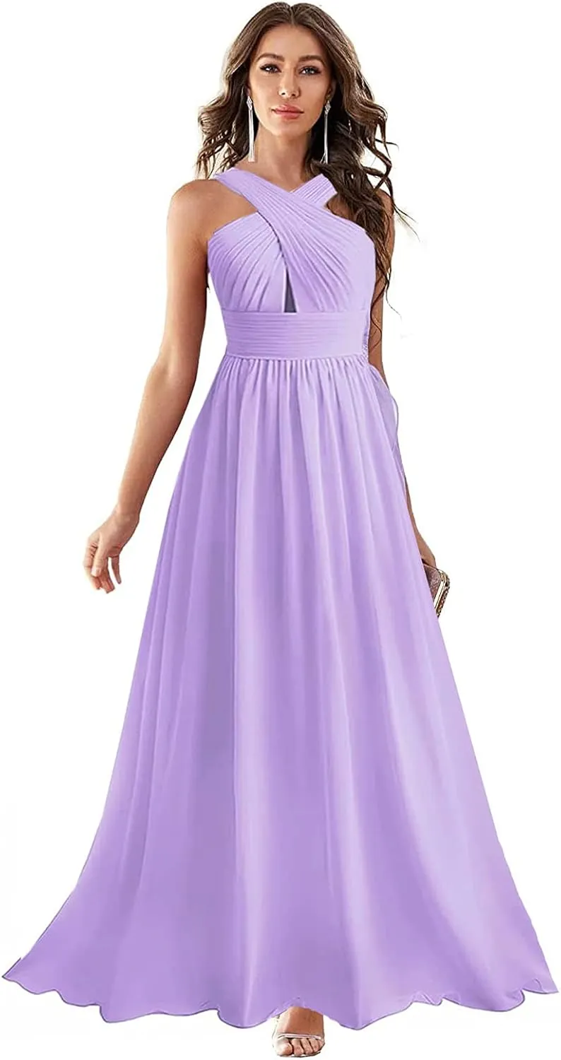 Women's Crisscross Bridesmaid Dresses Long A-line Chiffon Formal Wedding Evening Dress
