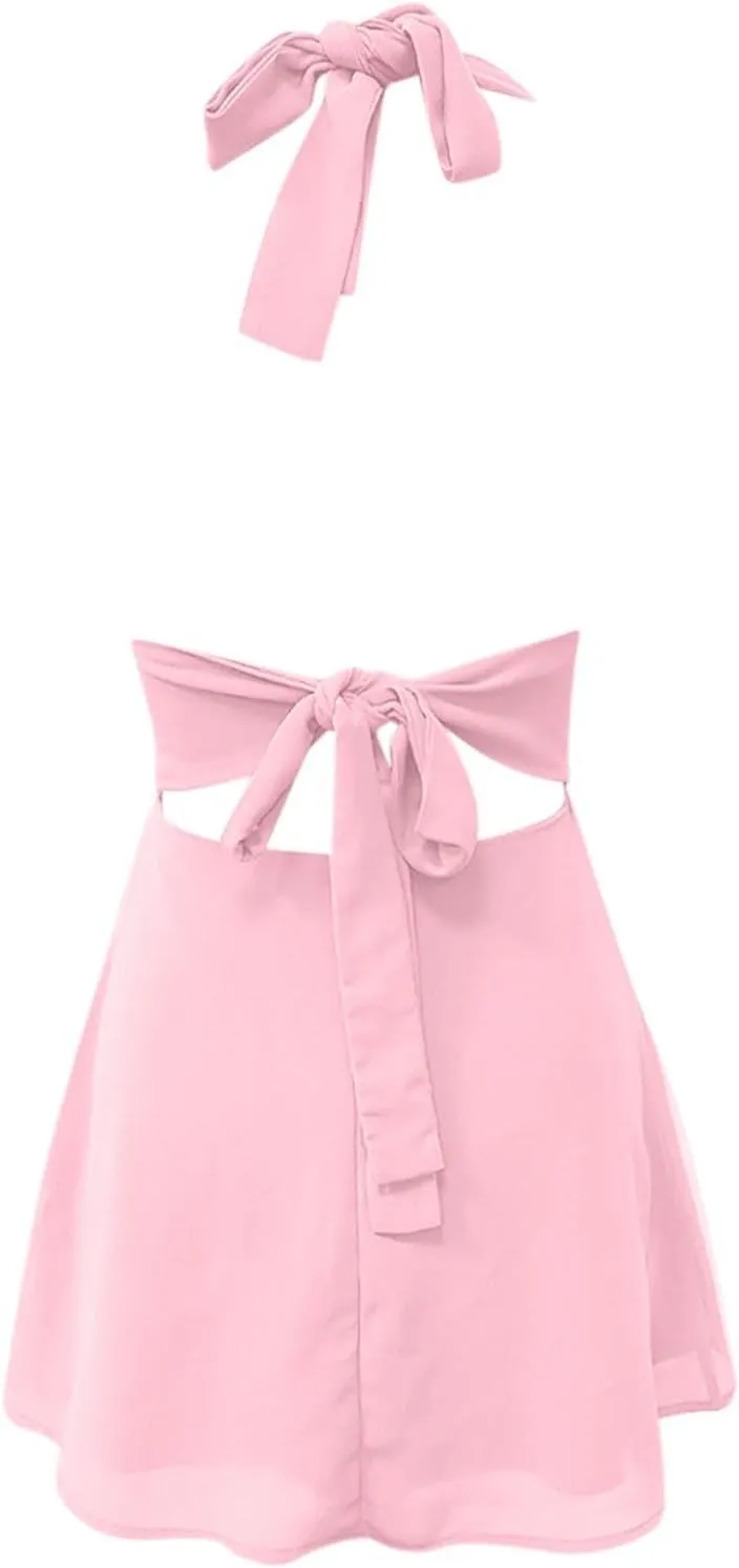 Womens Deep V Mini Dress Bow Tie Sleeveless Backless Ruched Flowy Wrap Ruffle Hem Short Sleeve Loose T Shirt