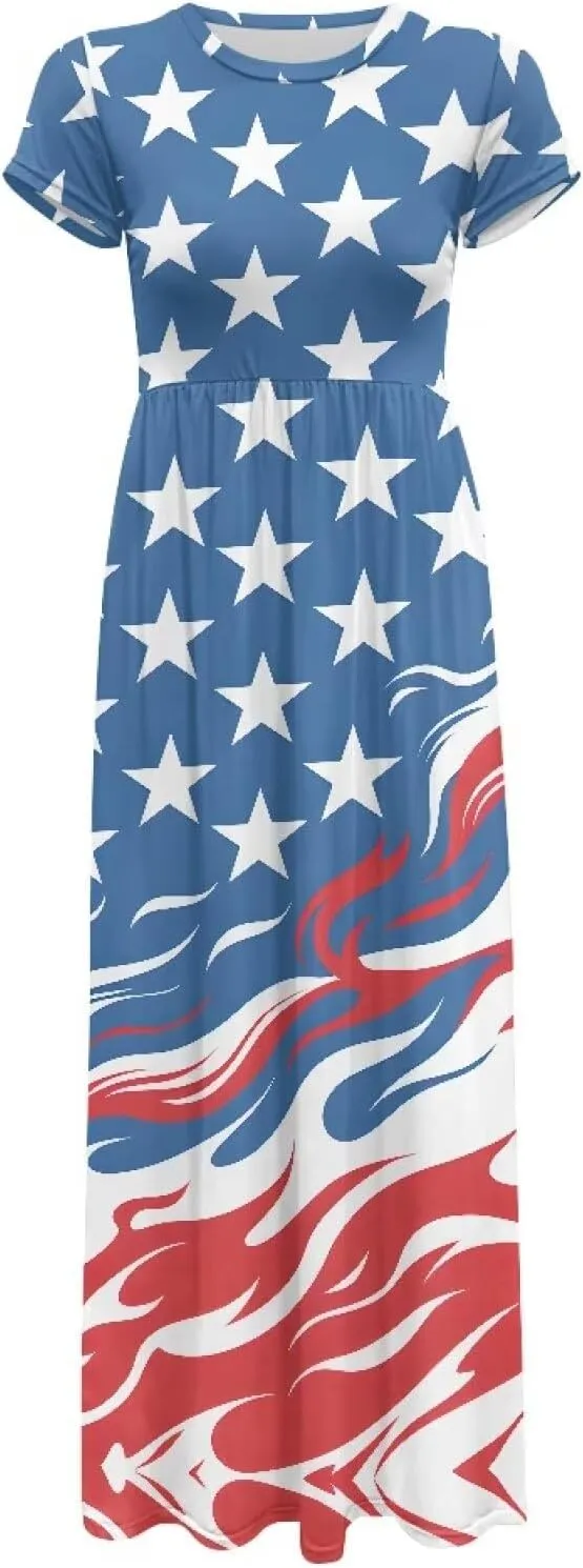 Women's Dress Crewneck Short Sleeve A-Line Dress Causal Long Sundress Summer Beach Clothes with Pockets