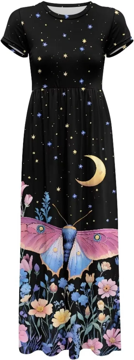 Women's Dress Crewneck Short Sleeve A-Line Dress Causal Long Sundress Summer Beach Clothes with Pockets