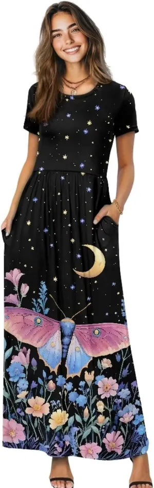 Women's Dress Crewneck Short Sleeve A-Line Dress Causal Long Sundress Summer Beach Clothes with Pockets