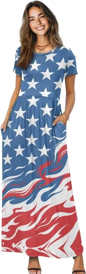 Women's Dress Crewneck Short Sleeve A-Line Dress Causal Long Sundress Summer Beach Clothes with Pockets