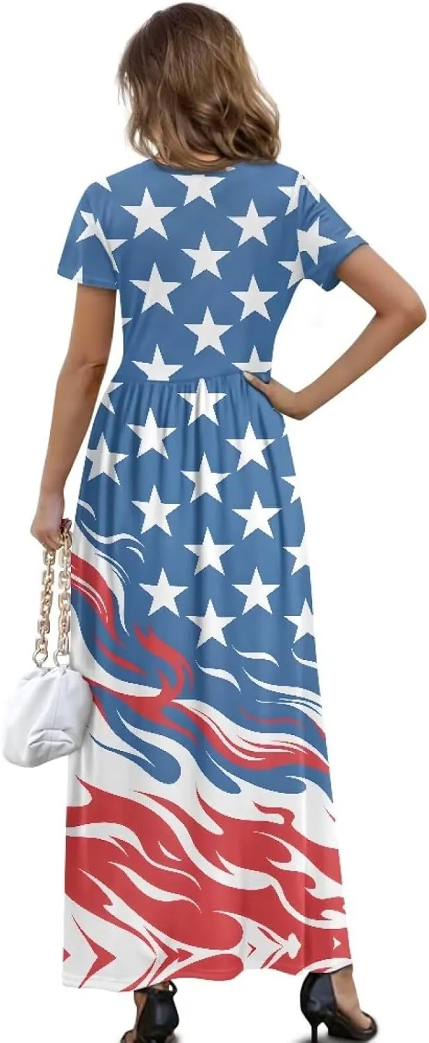 Women's Dress Crewneck Short Sleeve A-Line Dress Causal Long Sundress Summer Beach Clothes with Pockets