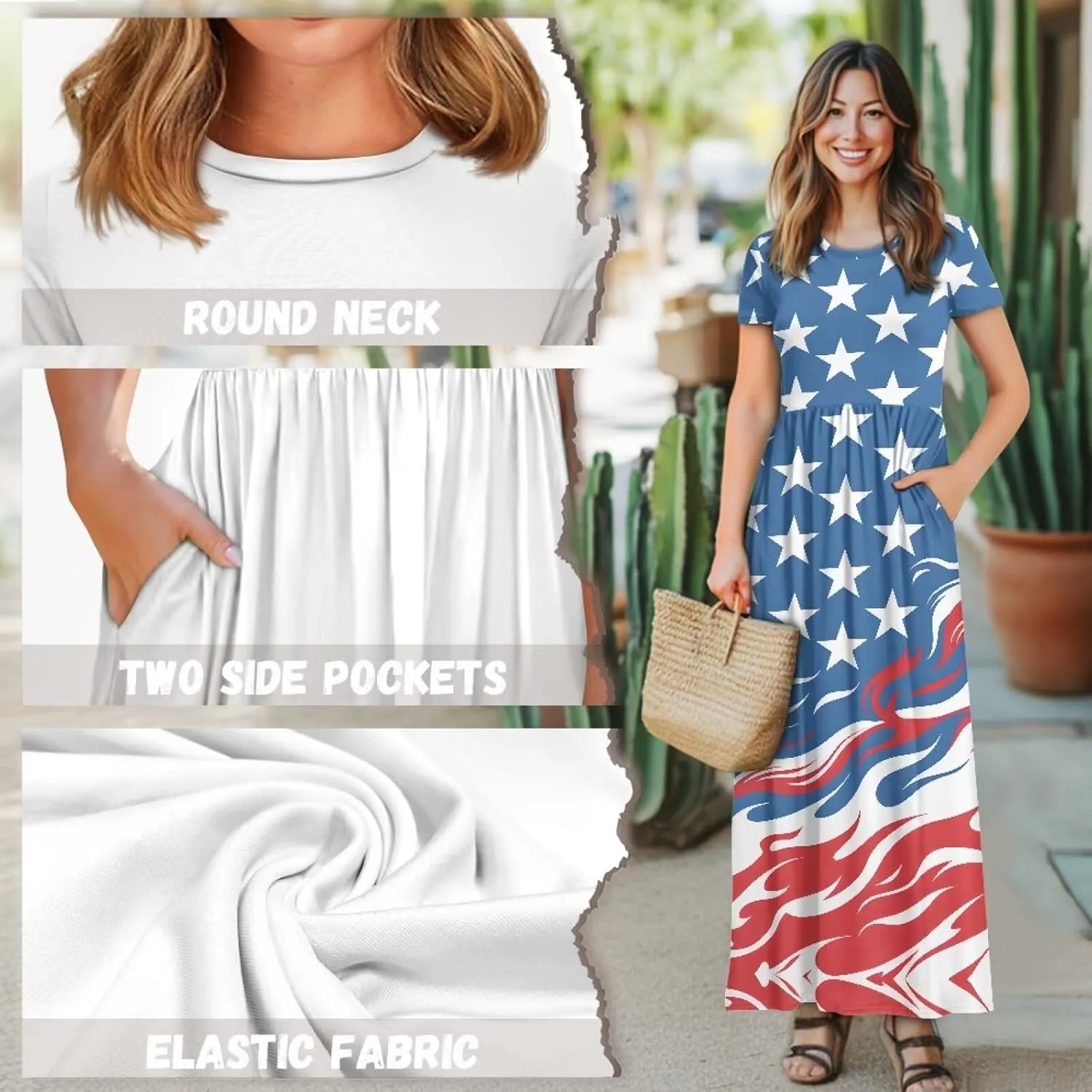 Women's Dress Crewneck Short Sleeve A-Line Dress Causal Long Sundress Summer Beach Clothes with Pockets