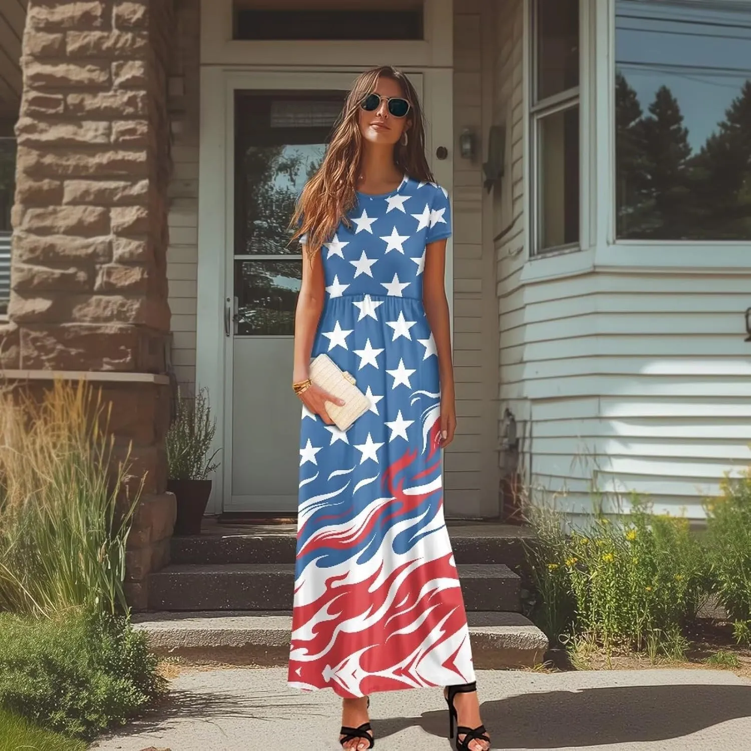 Women's Dress Crewneck Short Sleeve A-Line Dress Causal Long Sundress Summer Beach Clothes with Pockets