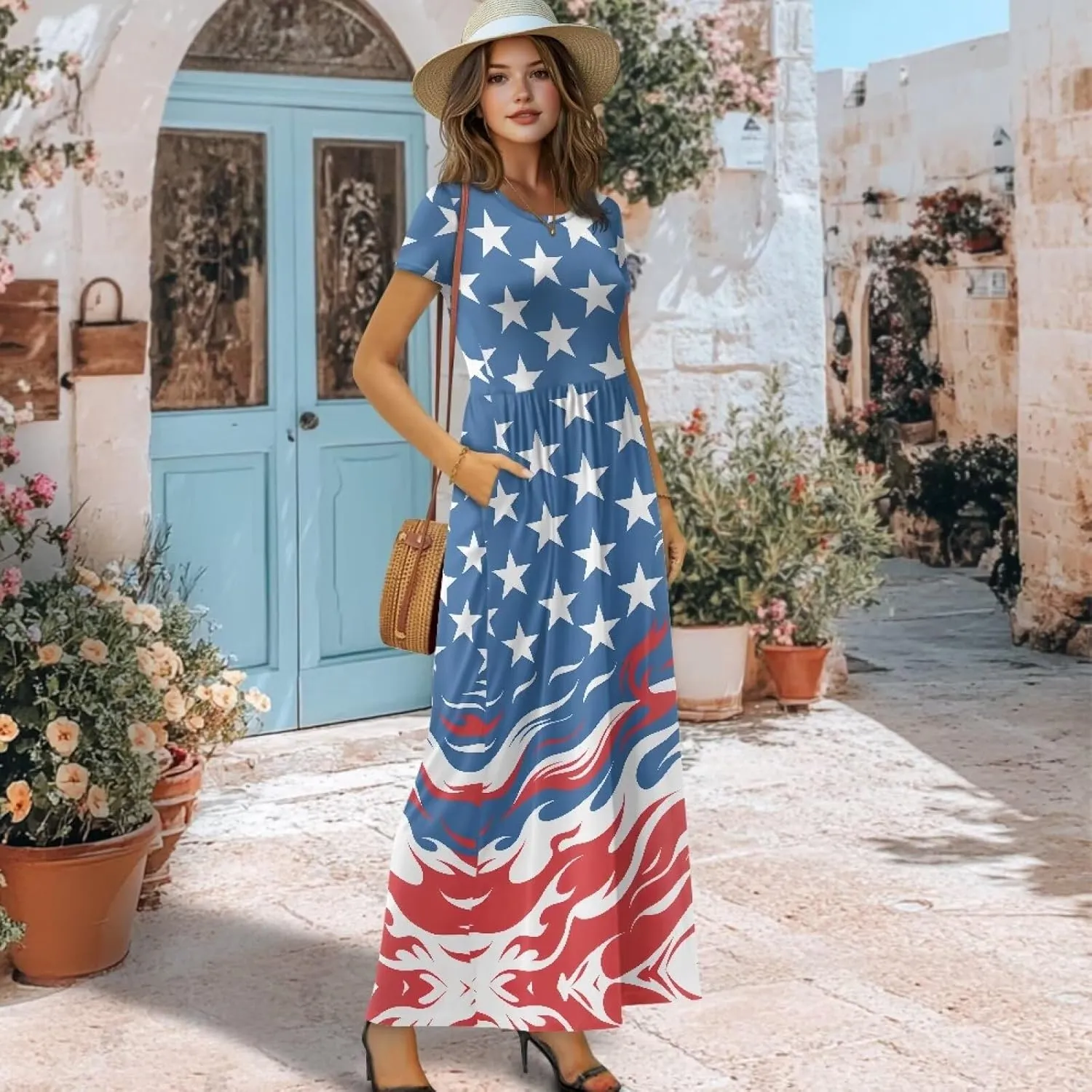 Women's Dress Crewneck Short Sleeve A-Line Dress Causal Long Sundress Summer Beach Clothes with Pockets