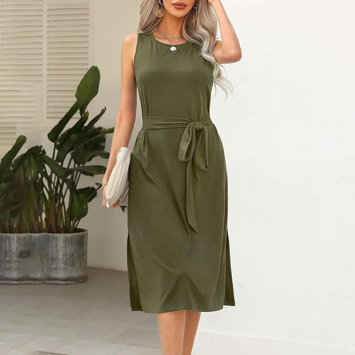 Womens Dress Sleeveless Round Neck Backless Midi Skirt Casual Pleated Belt with Pockets Dresses Working Vacation